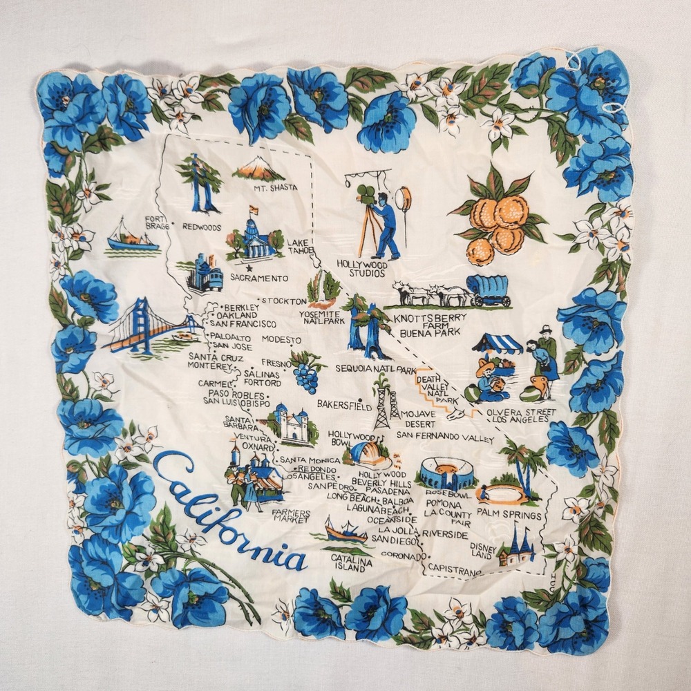 Vintage California Souvenir Handkerchief Pictorial Map Floral Scalloped Edge
